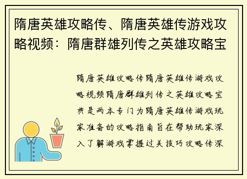 隋唐英雄攻略传、隋唐英雄传游戏攻略视频：隋唐群雄列传之英雄攻略宝典